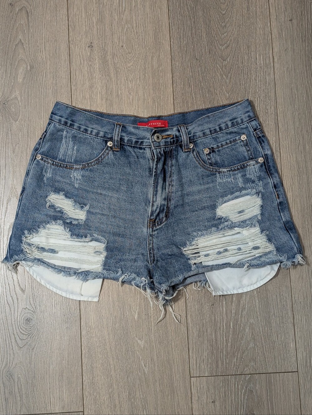 Caffeine Jeans High Rise Distressed Cutoff Denim Shorts Exposed Pockets Frayed•L